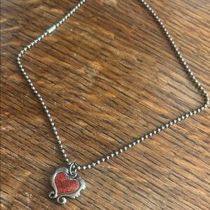 Women's Silver-Tone Heart Pendant Necklace with Red Glitter Accent